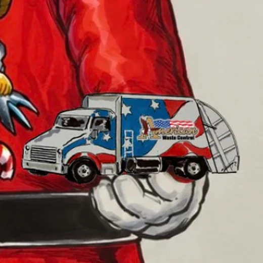 Close-up of the red, white and blue American Waste Control truck in Santa's hand
