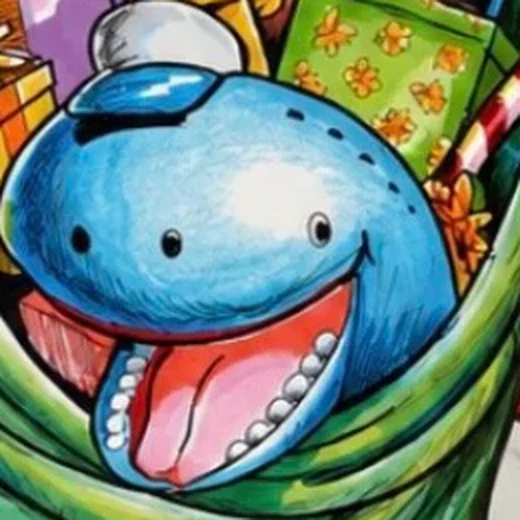 Close-up of the smiling Blue Whale in Santa's sack