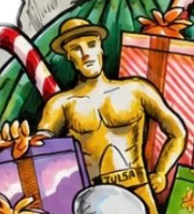 Close-up of the Golden Driller in Santa's sack