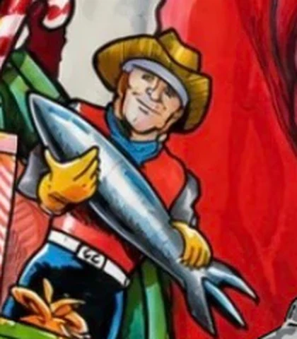 Close-up of Buck Atom, the Route 66 space cowboy, holding a rocket