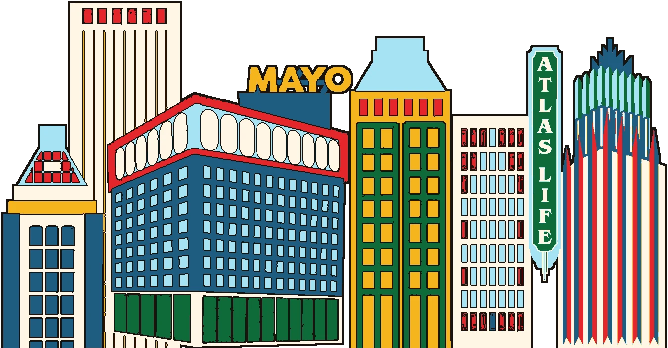 Downtown Tulsa skyline with the Mayo Hotel and the Atlas Life sign